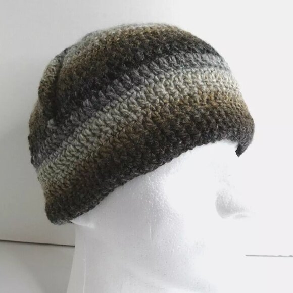 Brown Black Beanie Skull Cap Stripe Kufi OS Hat Handmade Crochet Hand Knit NWT - Picture 1 of 10